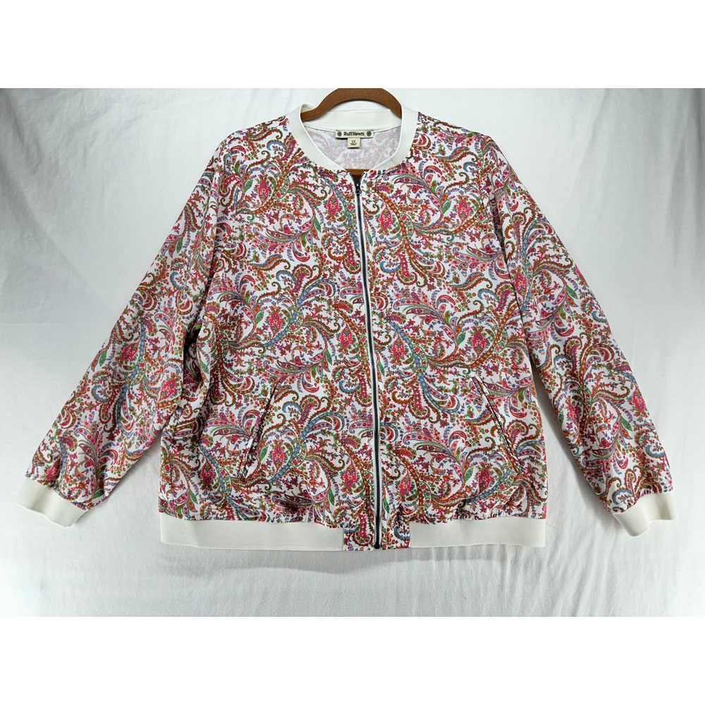 RuffHewn Womens 1X Paisley Bomber Jacket Full Zip Multicolor Ribbed Trim Plus